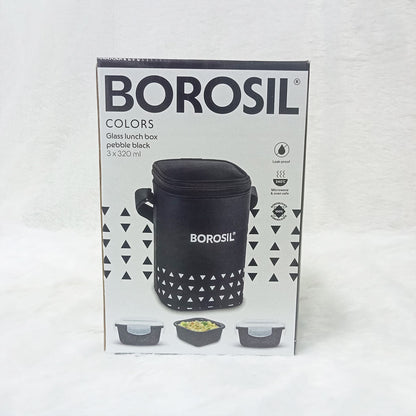 AM6189 Borosil Kube Black Glass Lunch Box, Square x 3 (Tall), Set of 3, 320ml