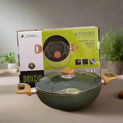 AM3930 Delizio Green Granite Coating Kadai with Glass Lid 24Cm