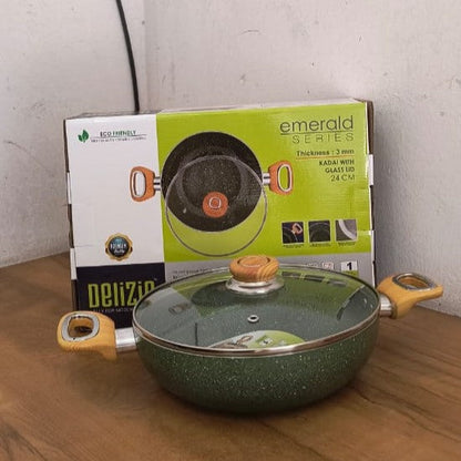 AM3930 Delizio Green Granite Coating Kadai with Glass Lid 24Cm