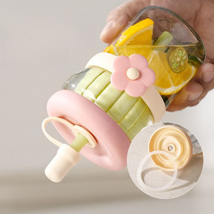 AM7108 Flower Glass Sipper Bottle - 500ml, Built-in Juicer & Straw