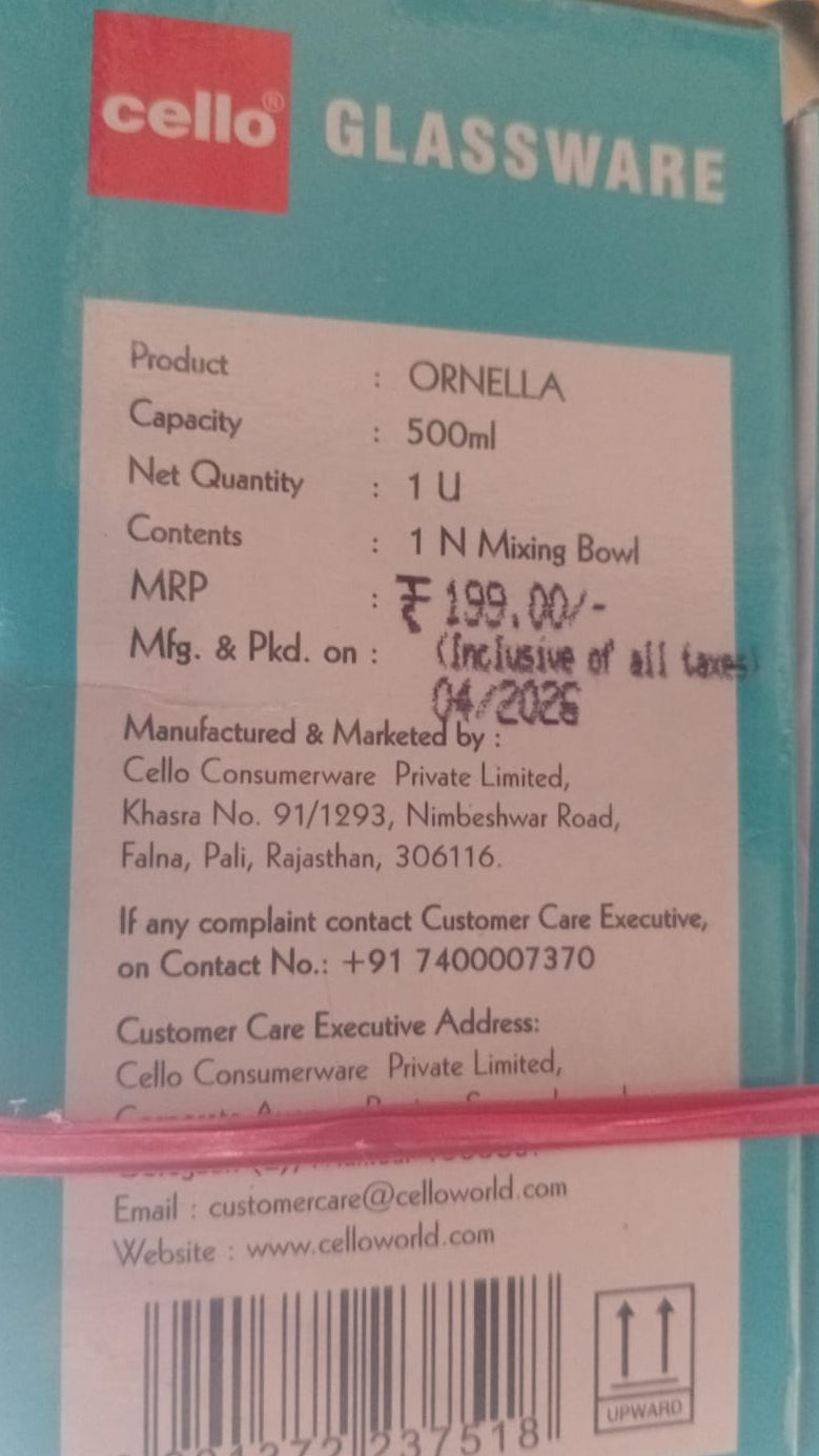 AM3783 CELLO Ornella Glass Mixing Bowl 500ml Without Lid