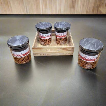 AM5171 Borosil Classic Jars With Wooden Tray - 4Pcs (600 ml Each)