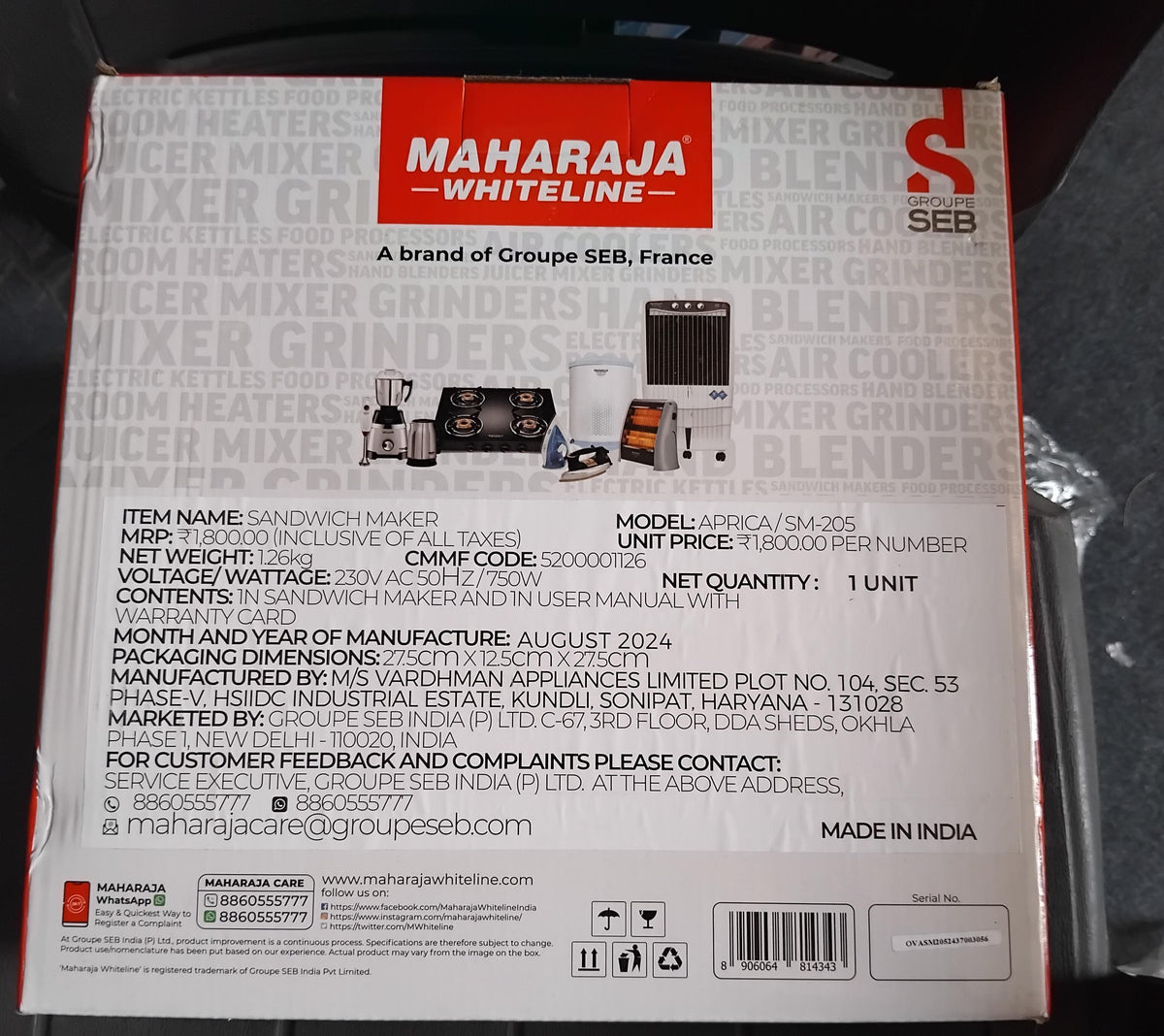 AM3643 Maharaja Whiteline Aprica 750 Watts Toast Sandwich Maker (SM-205)