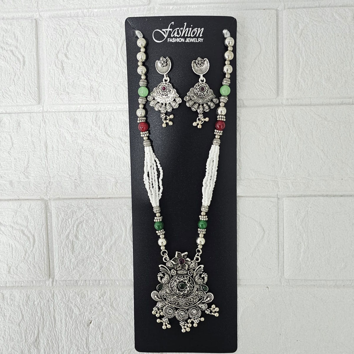 Di0047 Navratri Intricate Oxidized Silver Floral & Jali Necklace with Beaded Earings