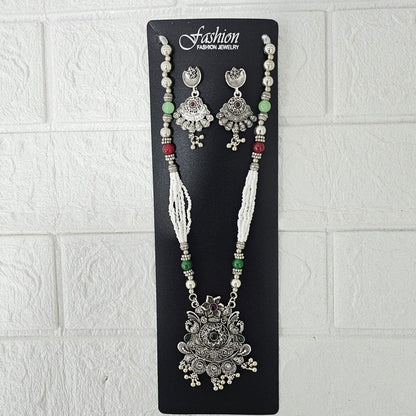 Di0047 Navratri Intricate Oxidized Silver Floral & Jali Necklace with Beaded Earings