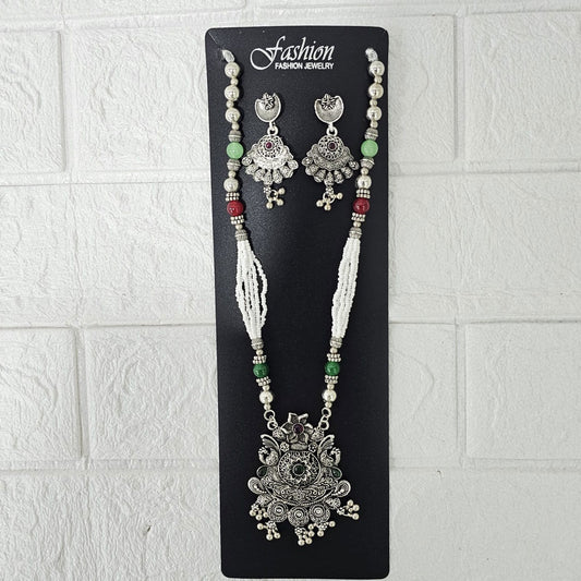 Di0047 Navratri Intricate Oxidized Silver Floral & Jali Necklace with Beaded Earings