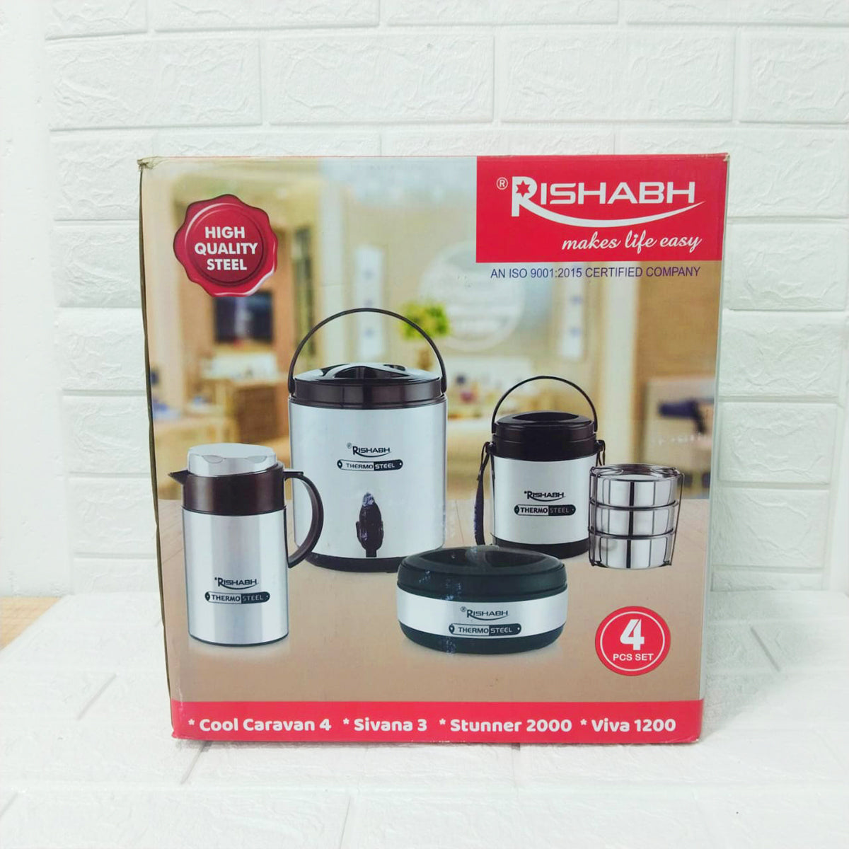 Di0192 Rishabh Small Multipurpose Thermo-Steel 4-Piece Set - Insulated Water Jug, Hot Pot, Lunch Box, and Coffee Pot