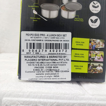 AM3525 SS Pexpo Eco Pro-4 Lunch Box Set 4Container,1 Spoon,Elegant Bag