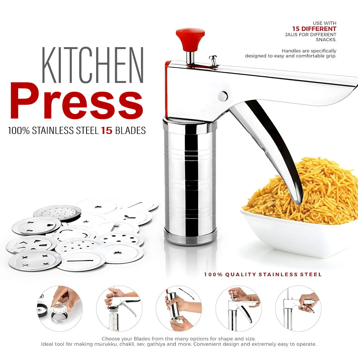AM6532 Stainless Steel Kitchen Press & Murukku Maker with 15 Blades