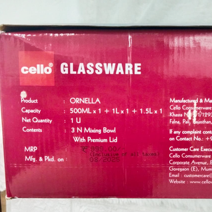 Di0370 Cello Glassware Ornella Mixing Bowl Set | 3-Piece