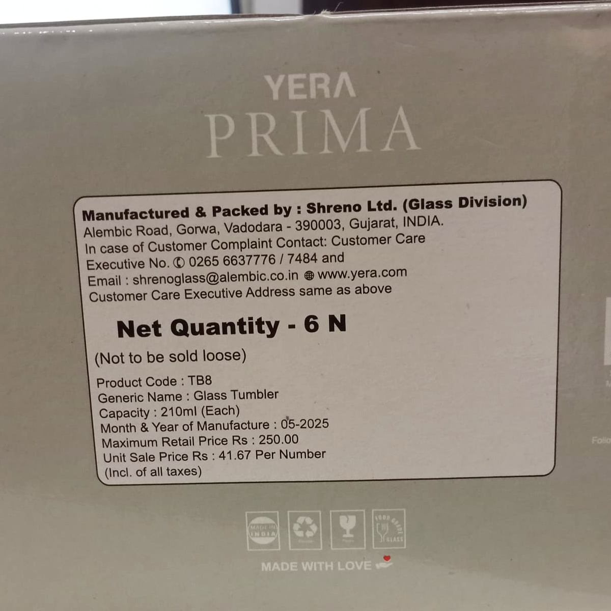 AM5647 YERA Prima Bonn Zest Glass Tumbler Set of 6 Pcs - Each 210Ml