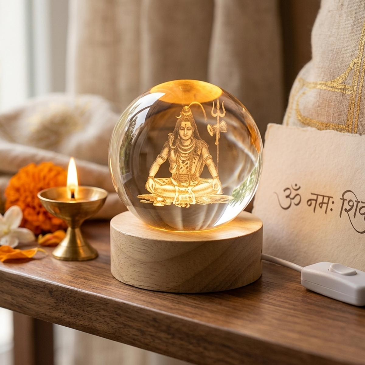AM6924 3D Laser Engraved Lord Shiva Crystal Ball Night Light with Wooden LED Base