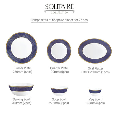 AM5752 Cello Opalware Solitaire Series Sapphire Dinner Set, 27 Units - Opal Glass Dinner Set for 1 | Crockery Set for Festive Ocassions, Parties | White Plate and Bowl Set