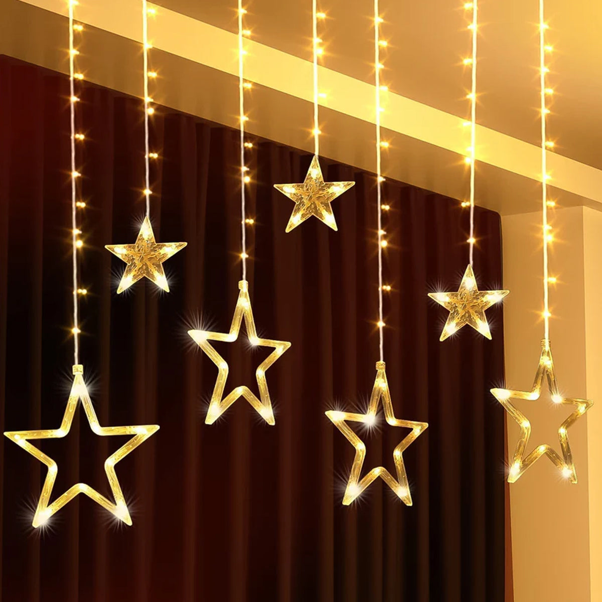Di0061 12 Stars LED Curtain String Lights with Flashing Modes - 6x6 (Warm)