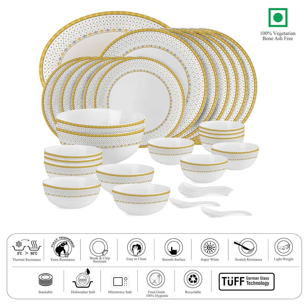 AM5753 Cello Opalware Divine Infinity Dinner Set, 33 Units | Microwave & Dishwasher Safe | Light-Weight & Thermal Resistant | Crockery Set for Dining & Gifting