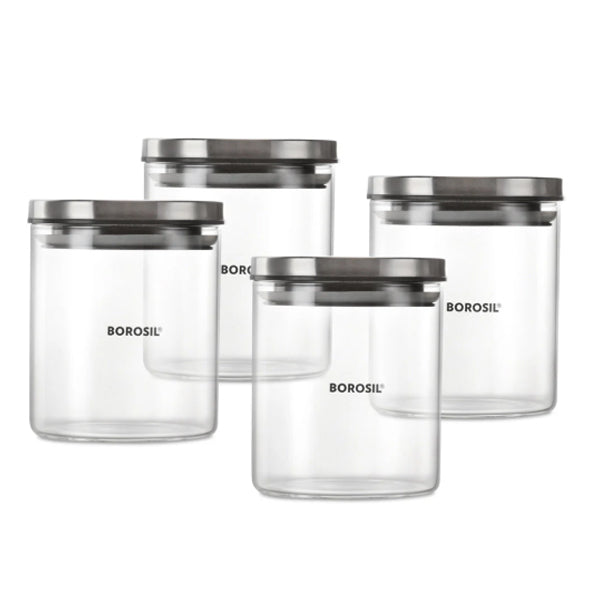 AM5171 Borosil Classic Jars With Wooden Tray - 4Pcs (600 ml Each)