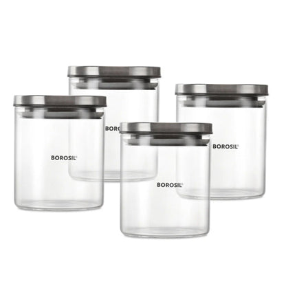 AM5171 Borosil Classic Jars With Wooden Tray - 4Pcs (600 ml Each)