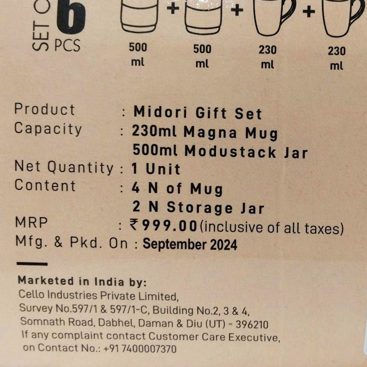 Di0247 Cello Midori Gift Set - 6-Piece Combo with 4 Ceramic Coffee Mugs (230ml) & 2 Glass Storage Jars (500ml)