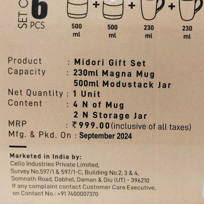 Di0247 Cello Midori Gift Set - 6-Piece Combo with 4 Ceramic Coffee Mugs (230ml) & 2 Glass Storage Jars (500ml)