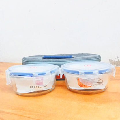 AM5458 Cello Majesty Round Glass Lunch Box 400ml x 2 N with Horizontal Jacket (Pack of 2Pc)