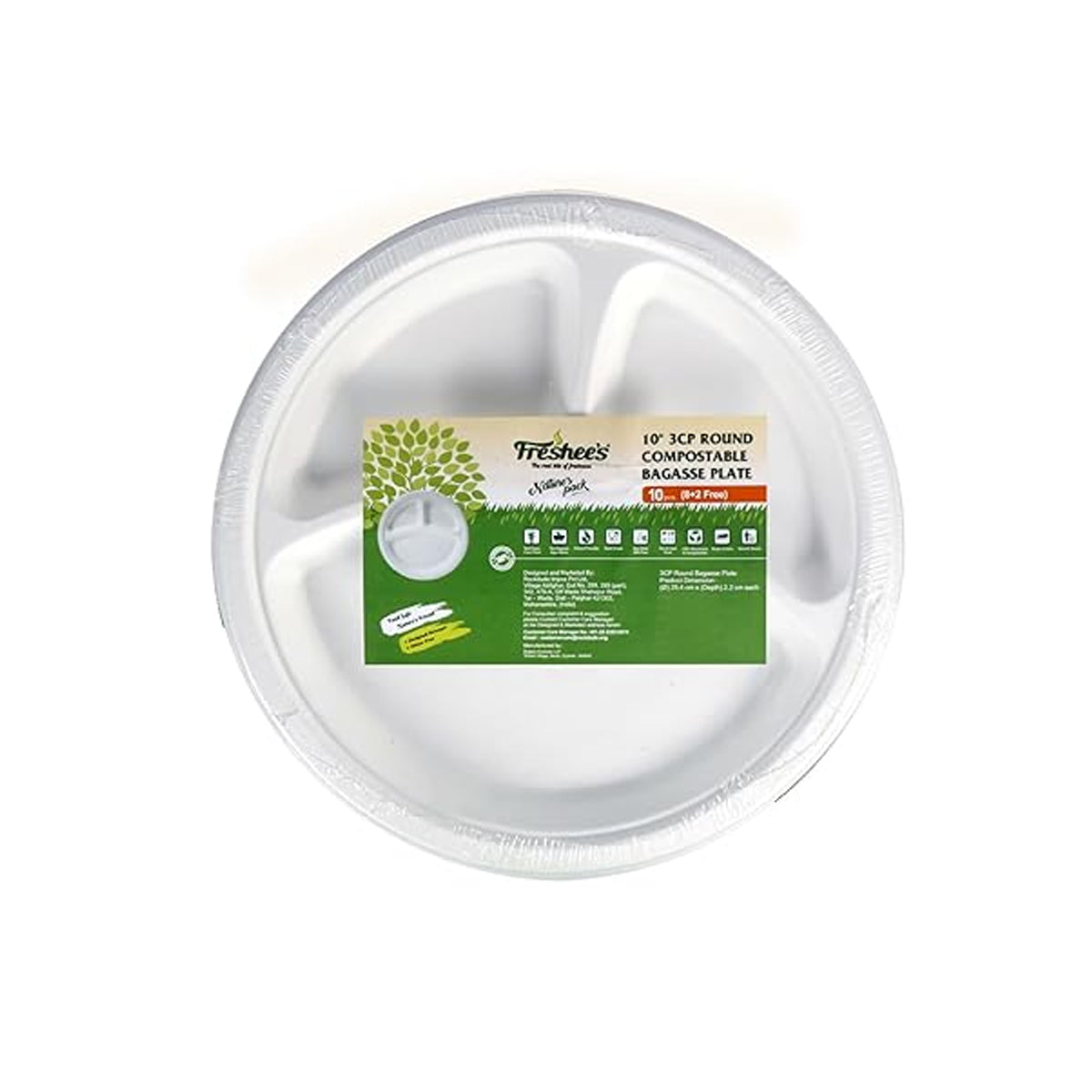AM5735 Freshee Compostable 3 Compartment 10 inch Round Plates (Pack of 10)