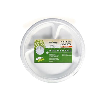 AM5735 Freshee Compostable 3 Compartment 10 inch Round Plates (Pack of 10)