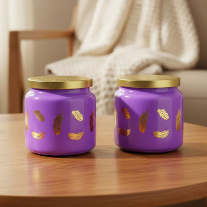 TM0077 Wonder Lime Green Feather Design Decorative Jar with Gold Lid - 2pc