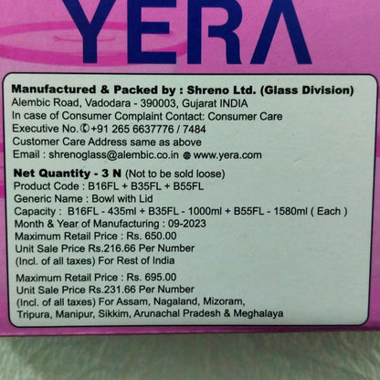 Di0199 YERA Polo Glass Bowl Set with Lids  - 3-Piece (435ml, 1000ml, 1580ml)