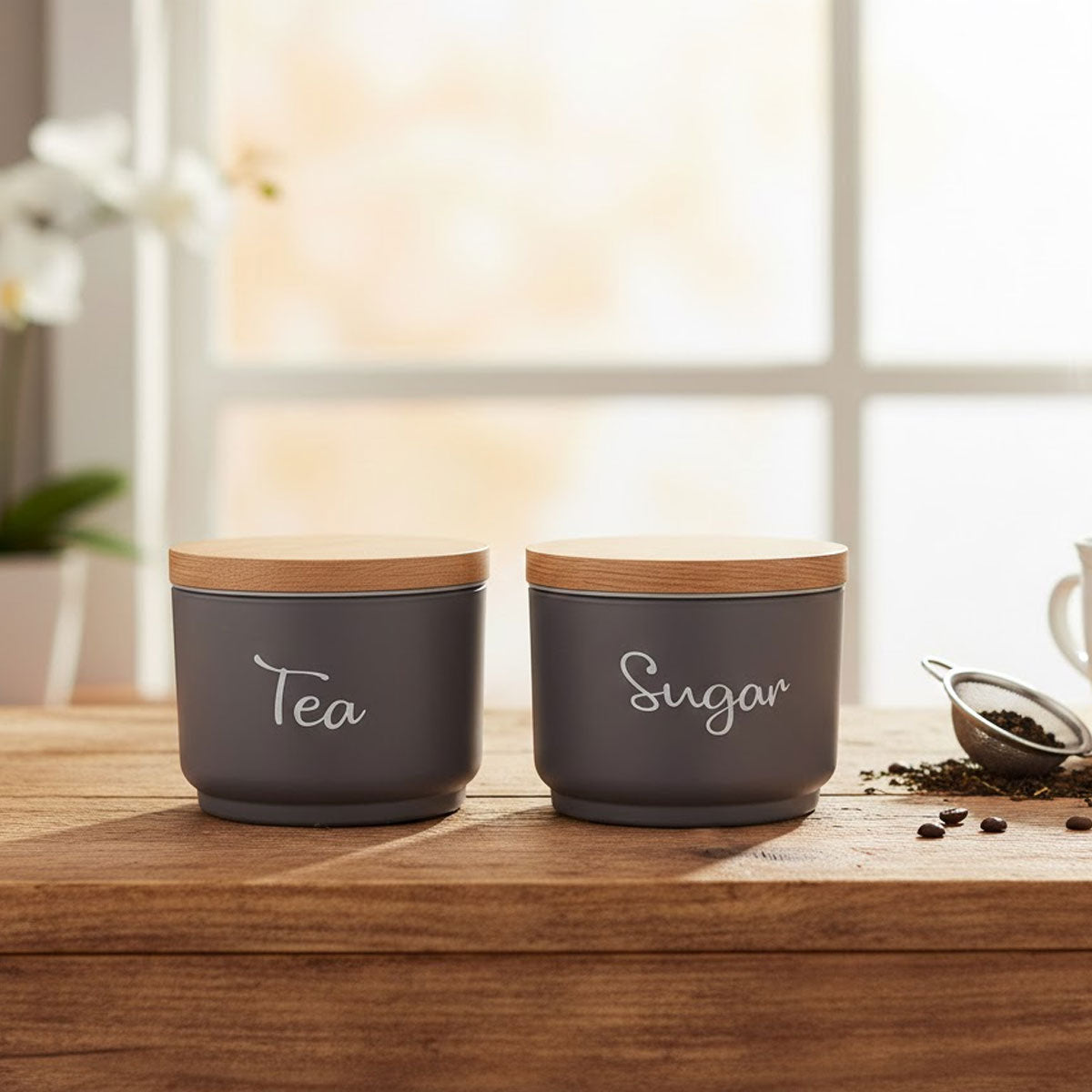 TM0081 Morning Brew 2-Piece Matte Grey Tea, Coffee, and Sugar Container Set