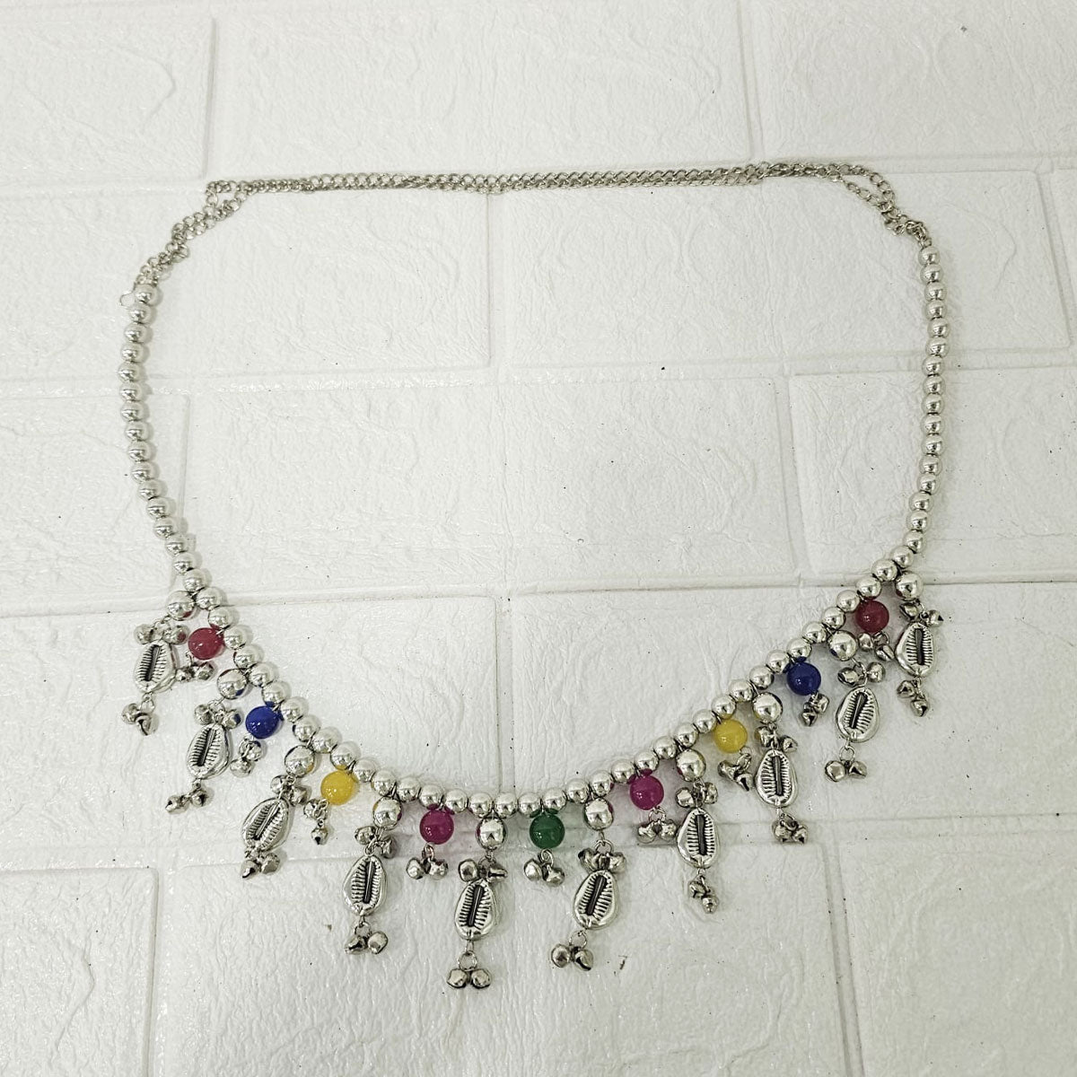 Di0046 Oxidized Silver Dangler Kamarbandh with Colorful Beads and Cowrie Shells (Multidesign)