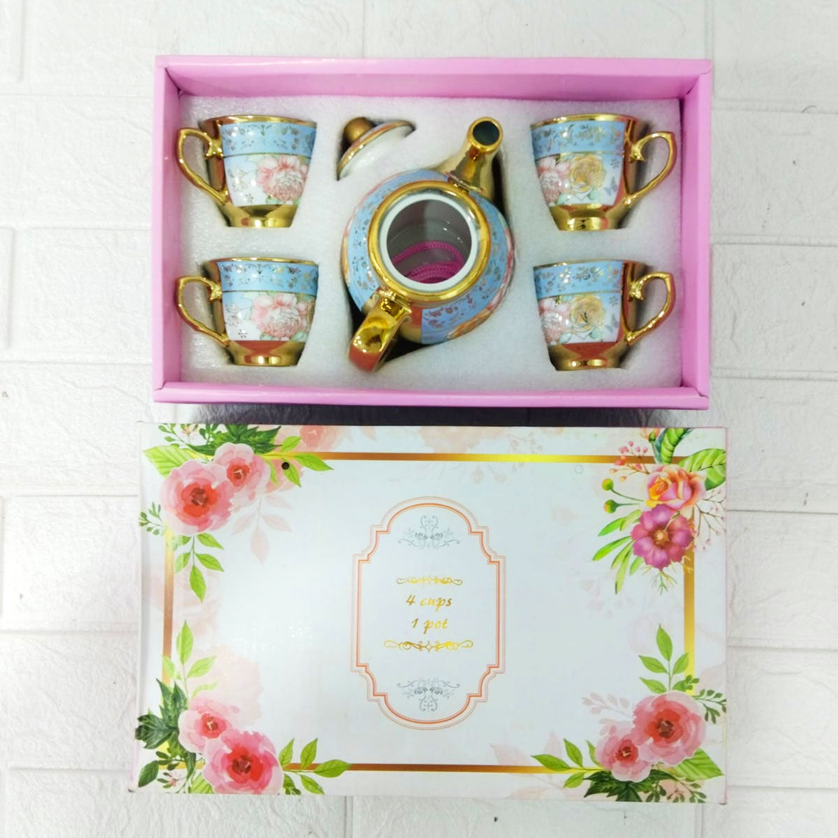 AM6280 Elegant Floral Blue & Gold Ceramic Tea Set with Teapot and 4 Cups – Premium Vintage Design