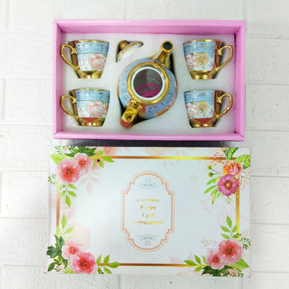 AM6280 Elegant Floral Blue & Gold Ceramic Tea Set with Teapot and 4 Cups – Premium Vintage Design