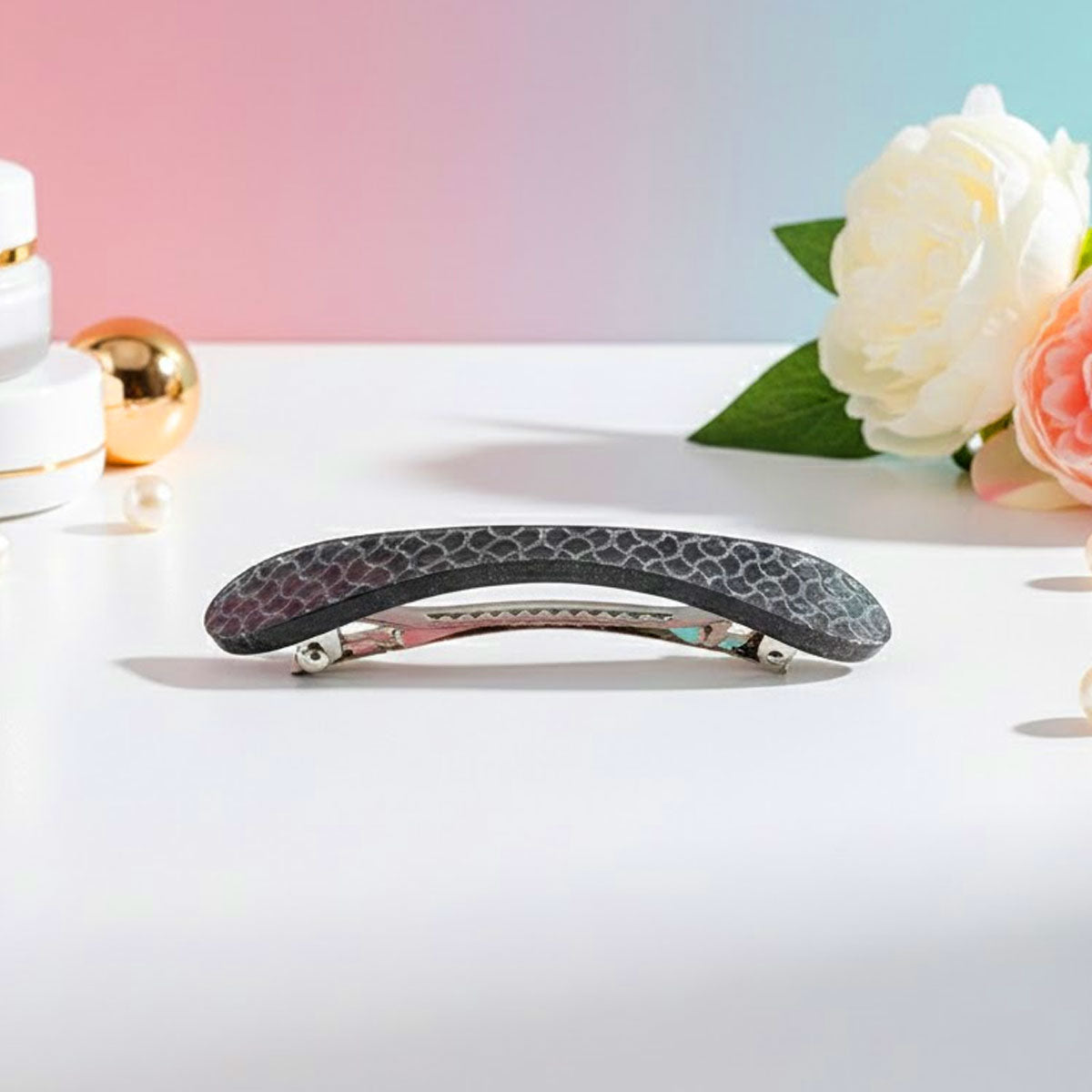 AM6395 Sleek Black & Grey Snakeskin Patterned Hair Barrette / Clip