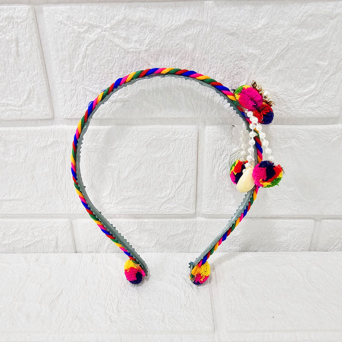 Di0042 Navratri MIx Design Colorful Braided Hairband with Cowrie Shells & Pom-Pom Ends