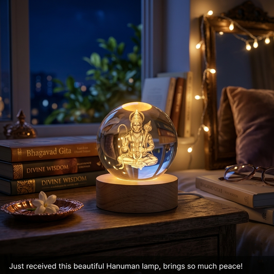 AM6925 3D Laser Engraved Lord Hanuman Crystal Ball Night Light with LED Wooden Base