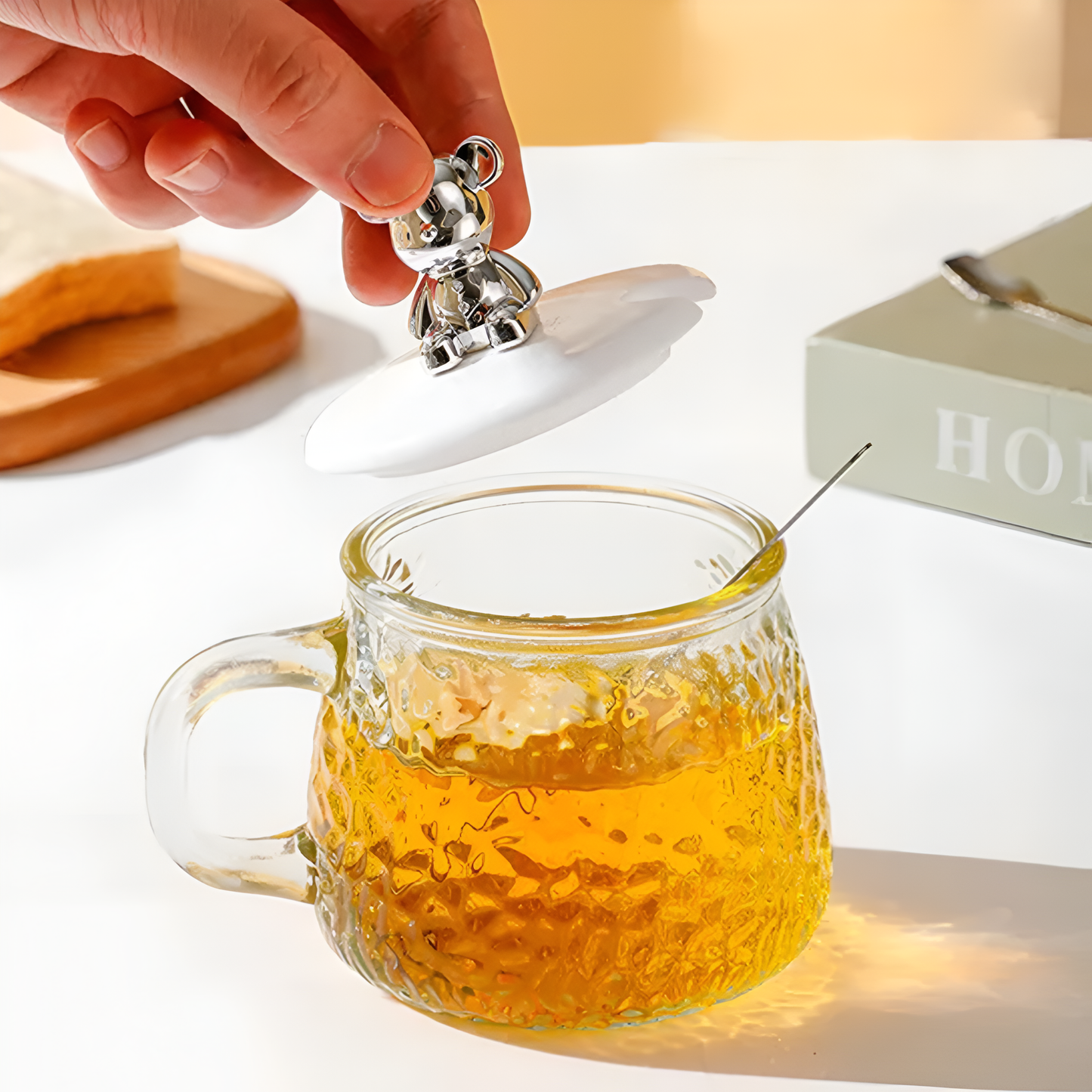 AM7133 Glass Tea Coffee Mug with White Teddy Bear Handle Heat-Resistant Tea Cup