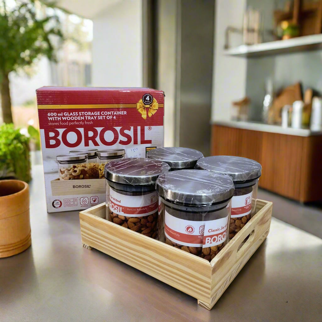 AM5171 Borosil Classic Jars With Wooden Tray - 4Pcs (600 ml Each)