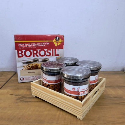 AM5171 Borosil Classic Jars With Wooden Tray - 4Pcs (600 ml Each)