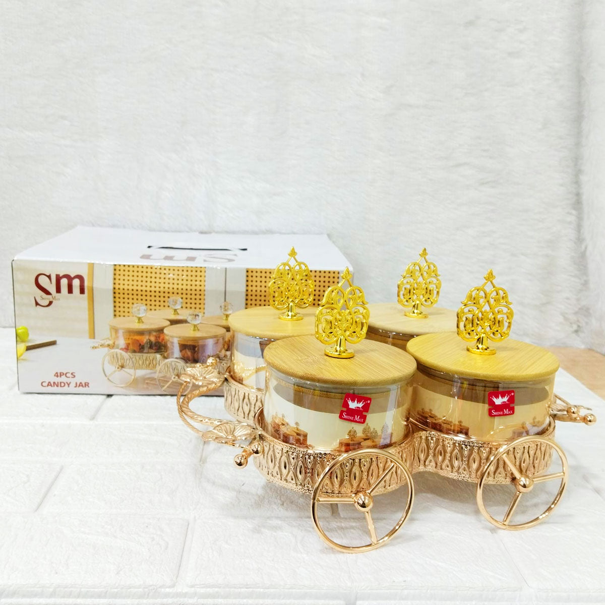 AM6271 Luxury Candy Jar Set 4 Pcs With Golden Cart Stand