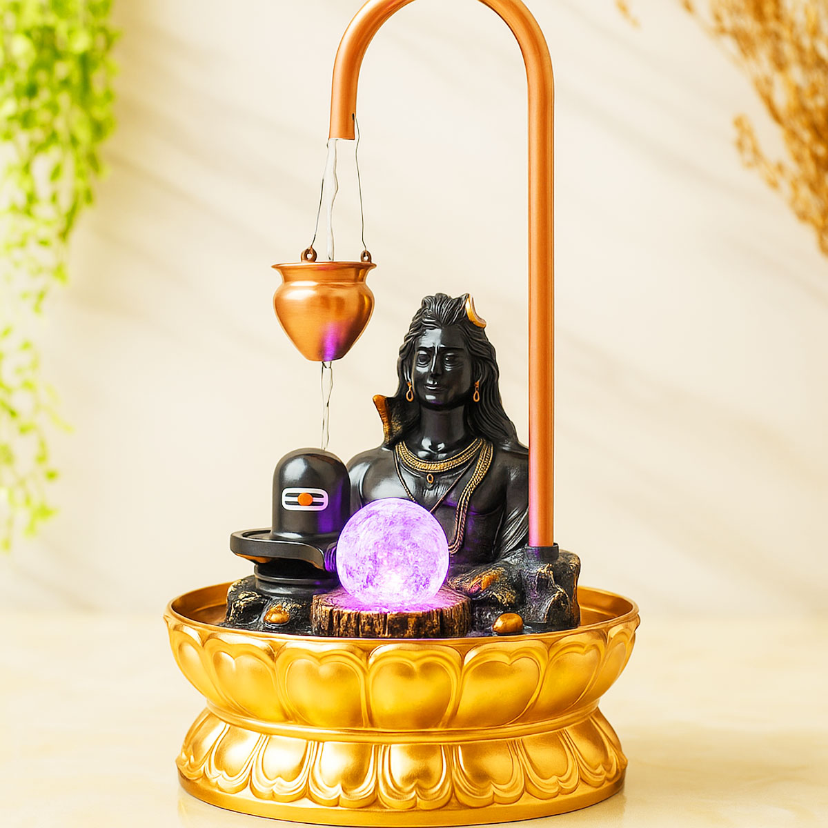 AM6054 Luxury Copper Adiyogi Shivling Water Fountain With Crystal Ball for Home Decor