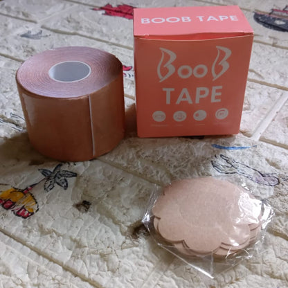 AM7310 Boob Tape with 10 Pairs Nipple Cover Cotton Wide Thin Breast Tape - Women's & Girl's Breast Lift Booby Tape - Push Up & Lifting Tape - Suitable for All Breast Types - Breast Lift Bra Tape - Bob Tape for Natural Breast Lift (1 Pc 5 Meters)