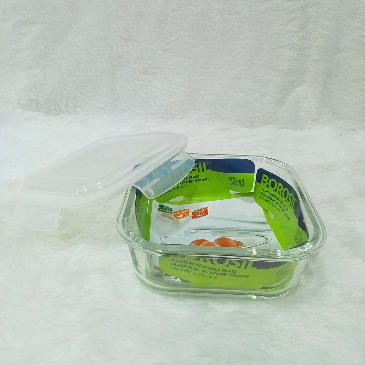 AM6195 Borosil Klip N Store Square Glass Container - 1 Ltr with Air Tight Lid