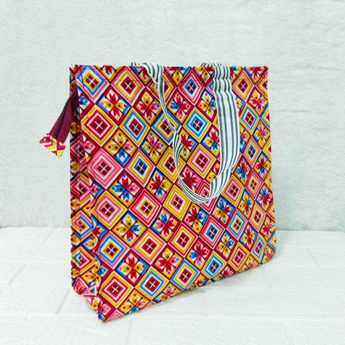 AM6282 Medium Vibrant Geometric & Floral Print Zipper Jute Bag - Reusable Shopping and Carry Bag