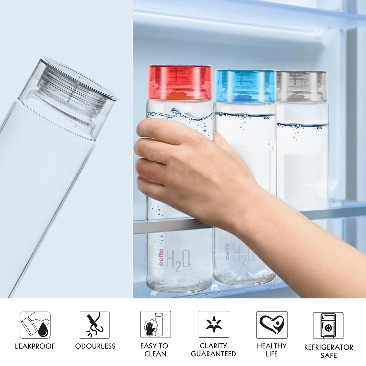 AM0665 CELLO PREMIUM H2O Glass Fridge Water Bottle with Plastic Cap 920ml
