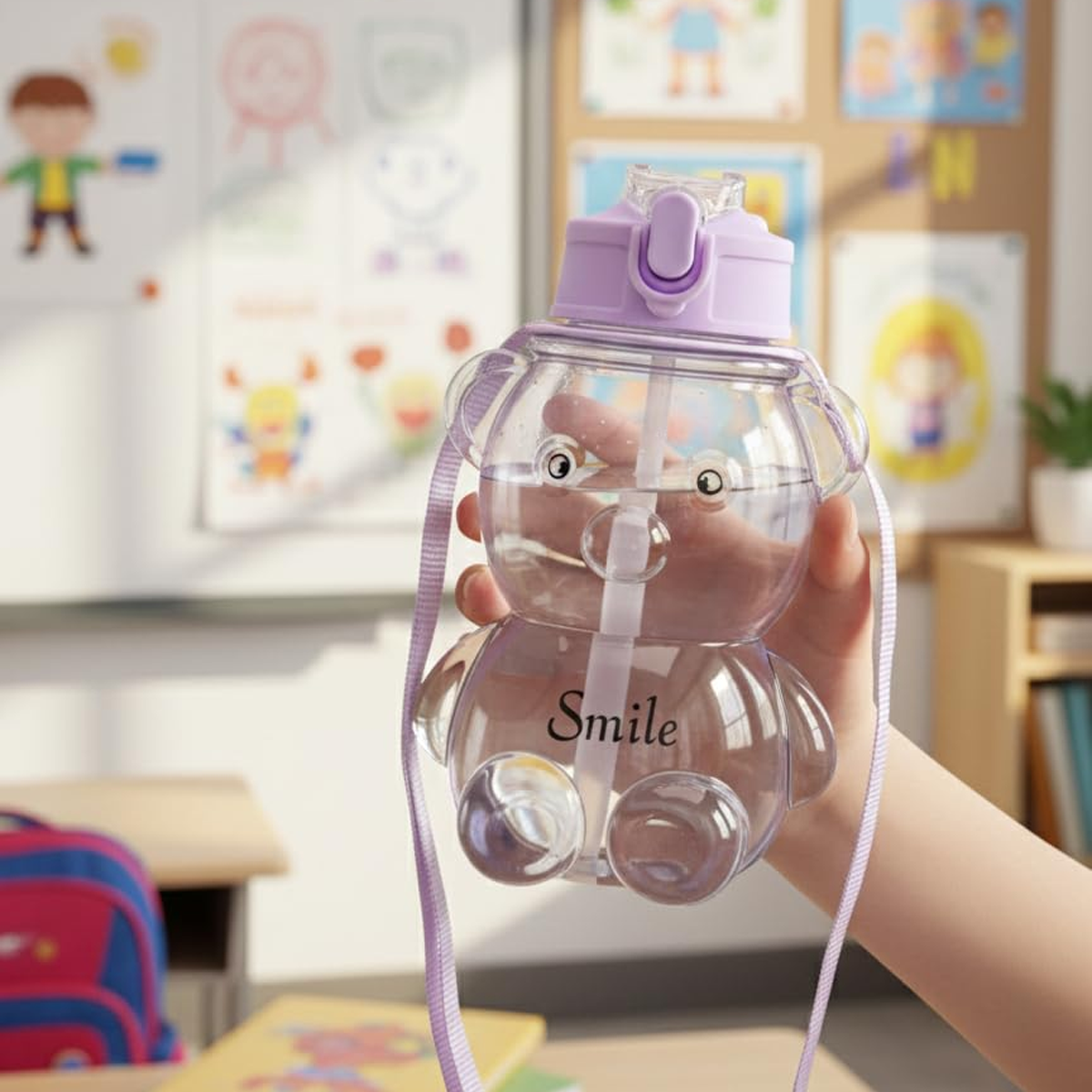 AM6665 Cute Teddy Bear Water Bottle with Straw and Adjustable Shoulder Strap - 1pc