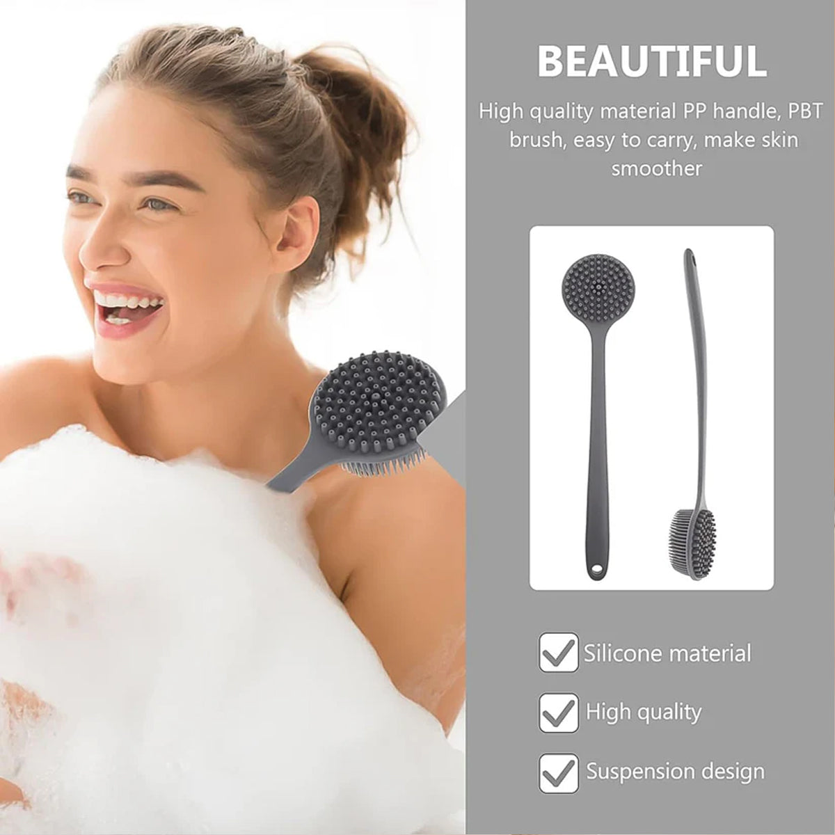 14219 Silicone Back Scrubber Brush with Long Handle (1 Pc)