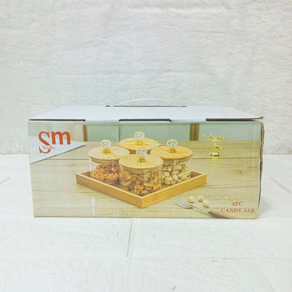 AM3723 Glass Container Jar Bowl With Wooden Deer Lids And Tray 4+1Pcs