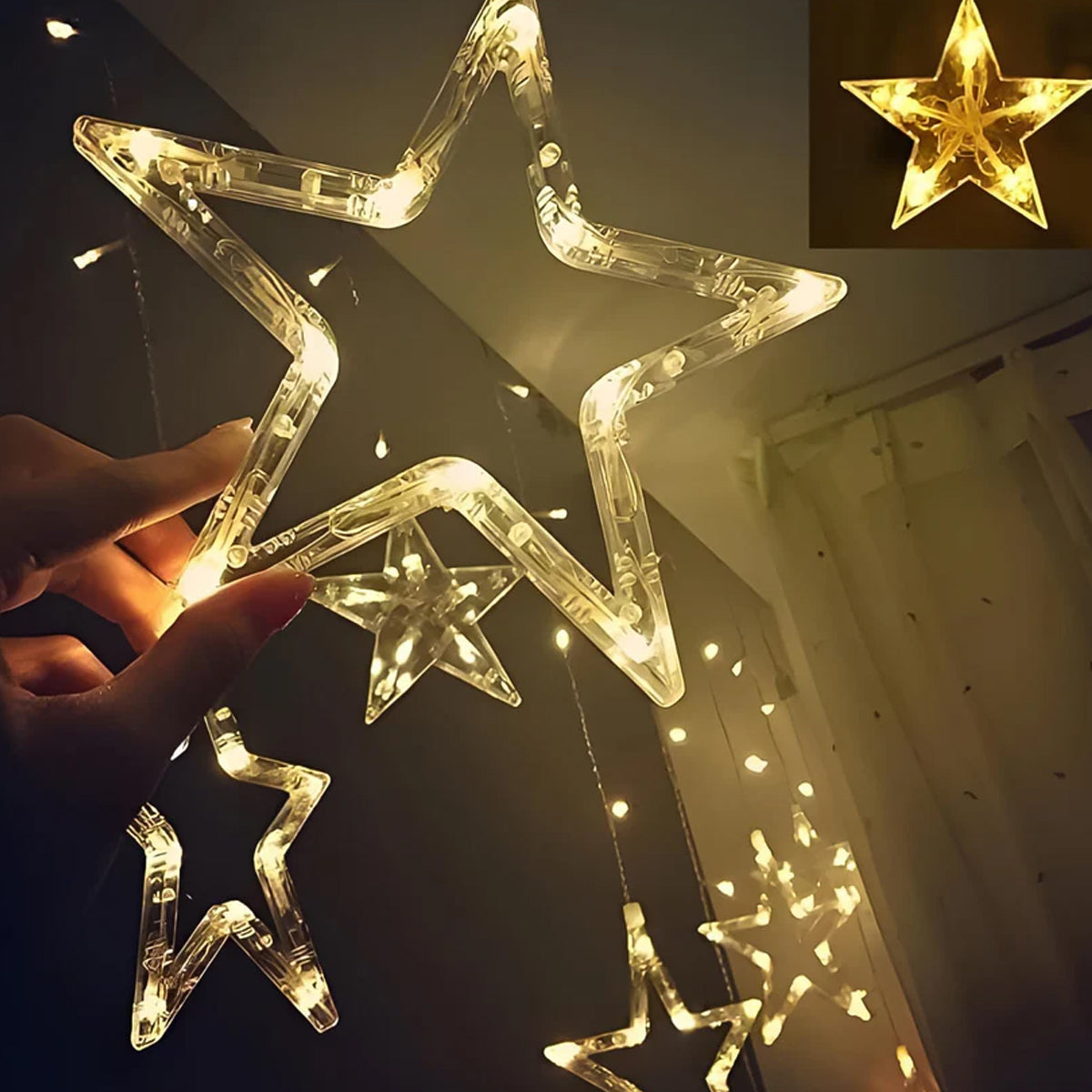 Di0061 12 Stars LED Curtain String Lights with Flashing Modes - 6x6 (Warm)