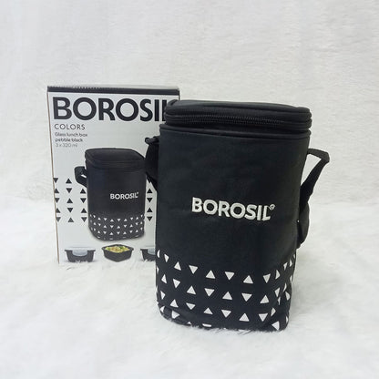 AM6189 Borosil Kube Black Glass Lunch Box, Square x 3 (Tall), Set of 3, 320ml