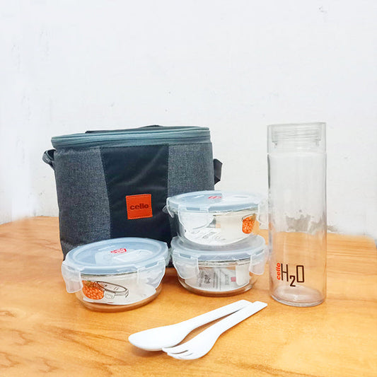 AM5454 Cello Majesty Round Glass Lunch Box 400ml x 3 N with Jacket & Glass Water Bottle 500ml With 2 Spoons (Pack of 4Pc)